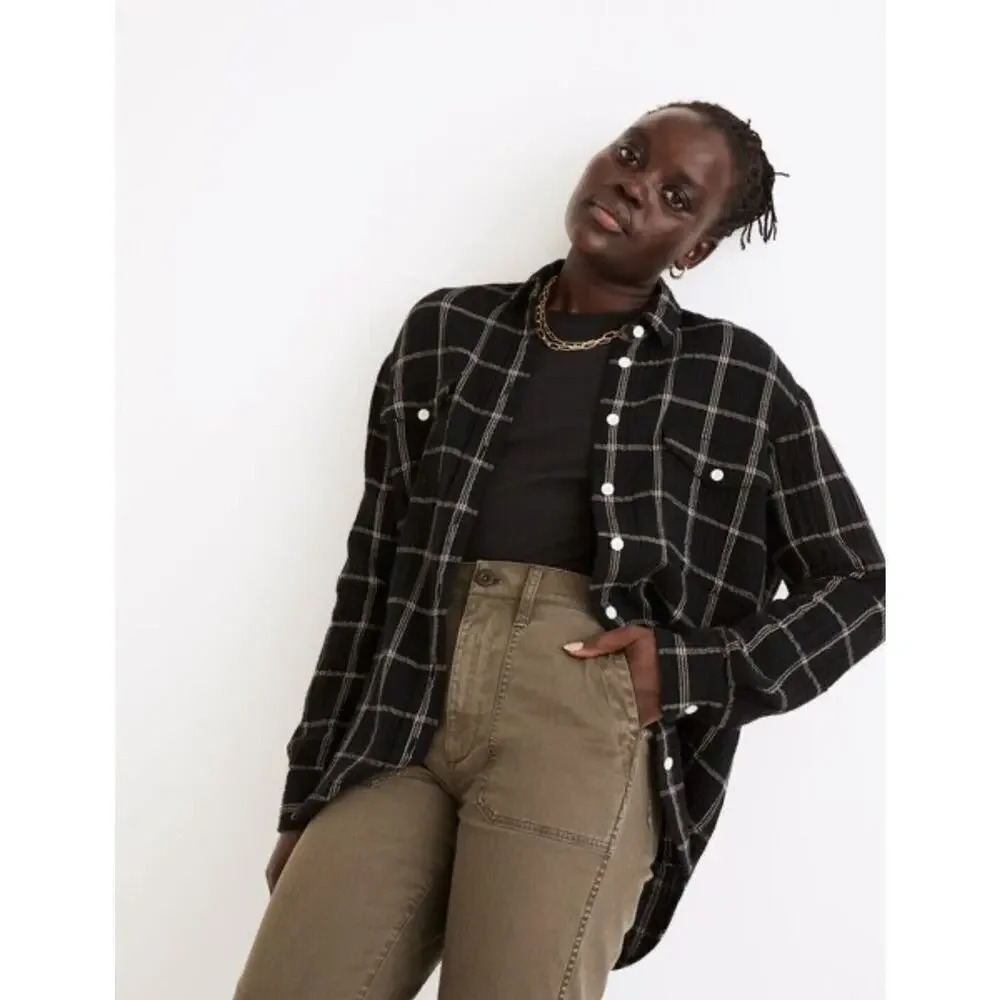 Madewell Lightspun Flap-Pocket Oversized ExBoyfriend Shirt in Windowpane XS 1220